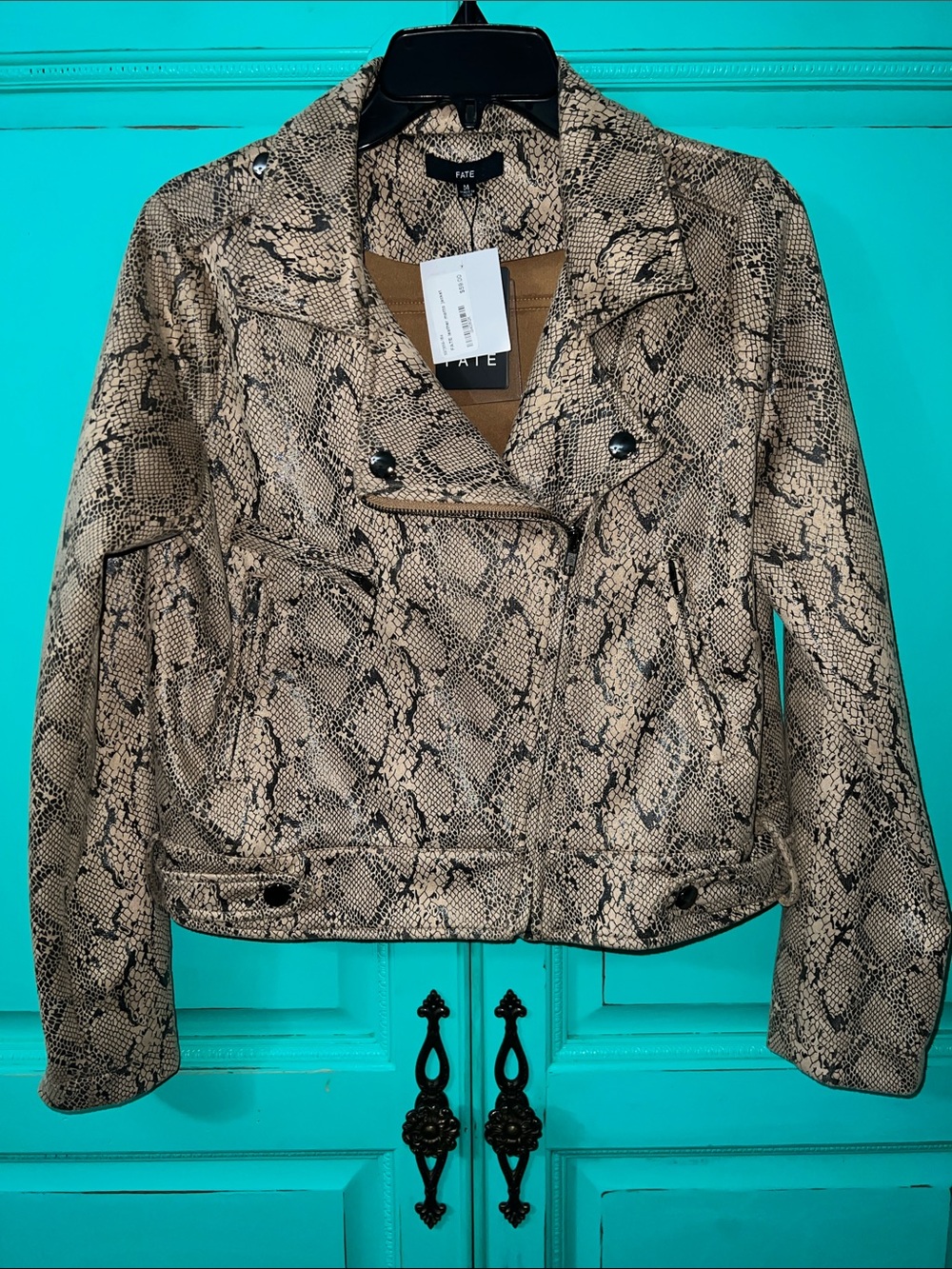 Fate Snake-Print Faux Leather Moto Jacket in Taupe and Black